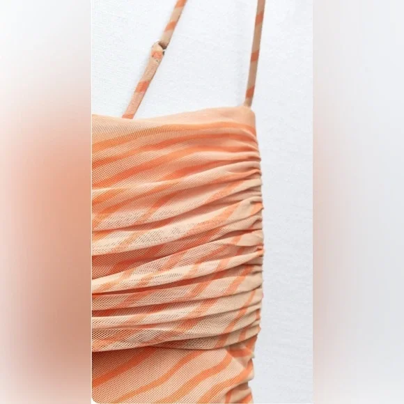 Zara Draped printed orange tulle Elegant Peach Spaghetti Strap Dress XL NWT - Picture 16 of 16
